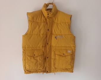 Vintage Men's Down Puffer Vest Size M/L Yellow Thick Mens Sleeveless Jacket Gilet Quilted Down Yellow Waiscoat Y2K Retro Old School Vest