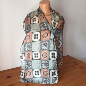 Vintage Women Green Beige Silk Scarf Geometric Print Long Silk Scarf Khaki Beige Checked Print Scarf Lightweight Silk Green White Neck Scarf