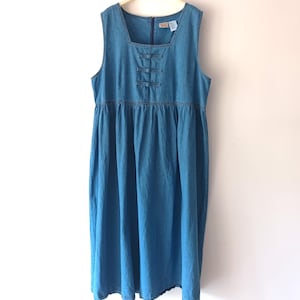 Vintage Womens Blue Cotton Denim Maxi Dress Size XXL Plus Size Blue Solid Jean Long Dress Sleeveless Long Blue Jean Dress