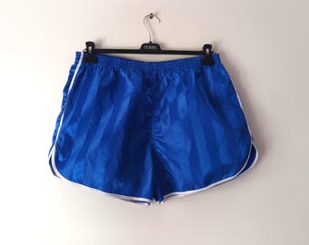 Vintage Men's Royal Blue Shorts Size L/XL Blue Semi Satin Striped Print Shorts Football Soccer Light Shorts Elastic Waist Boxershorts
