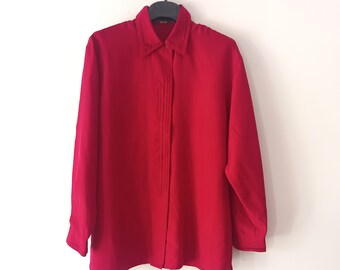 Vintage Women Burgundy Silk Blouse Size S Solid Deep Red Blouse Long Sleeve Silk Burgundy Shirt Button Embroidered Collared Silk Shirt