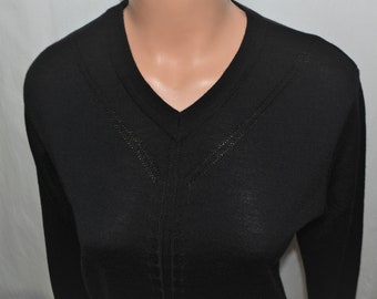 Vintage Women Wool Blend Sweater Size M/40 Black V-neck Knitted Long Sleeve Basic Casual Top Warm Merino Wool Pullover Wool Black Knit Top