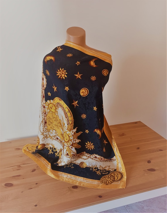 Luxury Vintage Baroque Silk Scarf Black Gold Eques