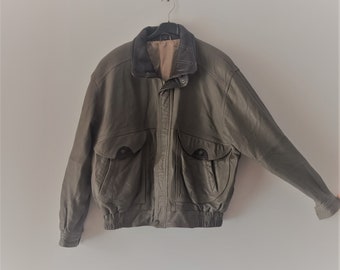 Vintage hombres gris marrón chaqueta de cuero tamaño L/54 muchos bolsillos chaqueta de cuero bomber biker chaqueta de motocicleta retro biker chaqueta abrigo