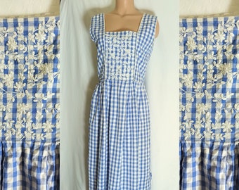 Vintage Dirndl Karo Kleid Größe M Blau Weiß Korsett Maxi Kleid Bestickte Blumen Baumwolle Österreichischen Folklore Märchen Prinzessinnen Kleid