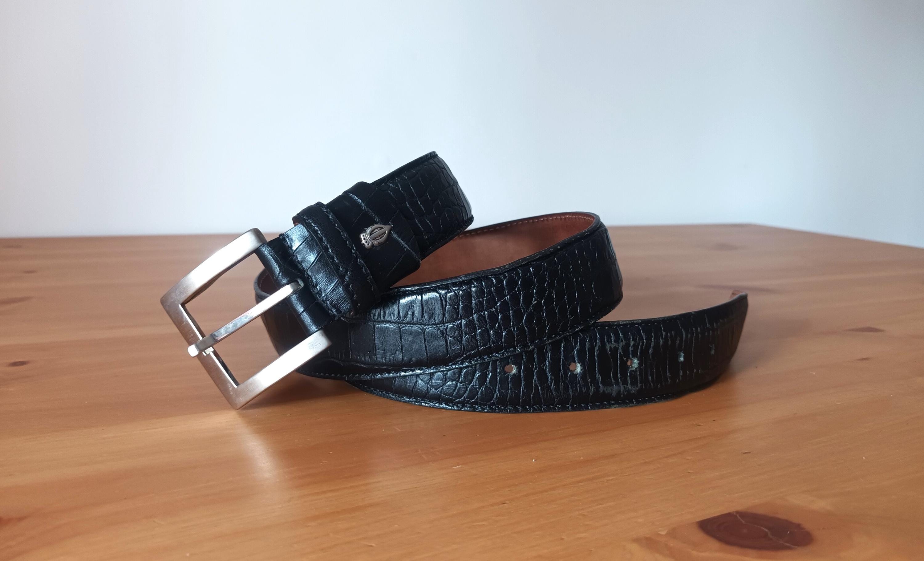 Vintage Men's Black Leather Belt Silver Tone Square Buckle Genuine
