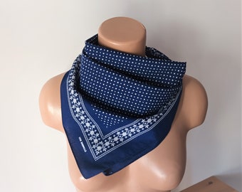 Vintage Navy Blue Cotton Bandana Large Polka Dot Floral Blue White Bandana Cotton Neckerchief Neck Scarf Headband Headwrap Headscarf