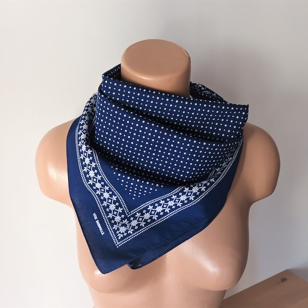 Vintage bleu marine coton Bandana grand pois Floral bleu blanc Bandana coton tour de cou écharpe bandeau serre-tête foulard