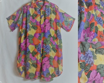 Vintage Oversized Women Long Home Dress Shirt Size M/L Fruits Print Robe Gown Short Sleeve Yellow Green Blue Long Shirt Multicolor Homewear