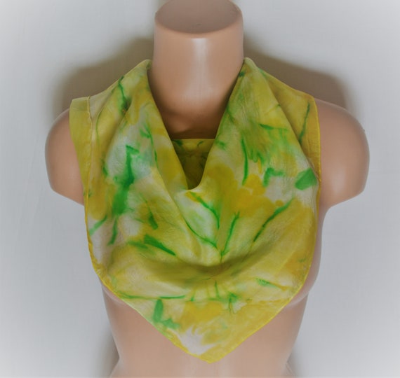 Vintage Yellow Silk Scarf Hand Dyed Handrolled Si… - image 4