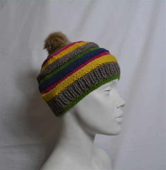 Vintage Kids Knitted Wool Rainbow Beanie with Fur… - image 3