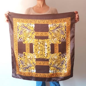 Vintage Women Leopard Print Square Scarf Satin Animal Print Scarf Brown Gold Yellow Scarf Tiger Face Scarf Tiger Print Scarf 90's Scarf