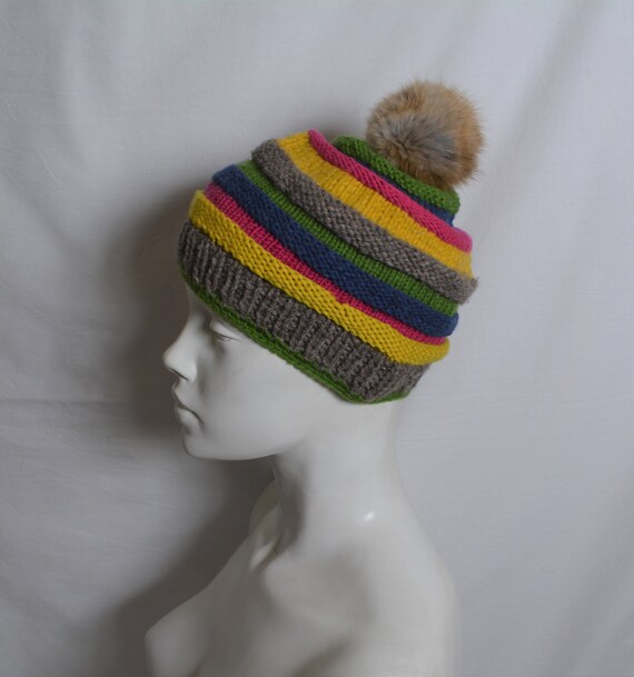 Vintage Kids Knitted Wool Rainbow Beanie with Fur… - image 2