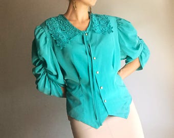 Vintage Damen Türkis Bluse Größe L Solide Krawatten Vorne Hälfte Puffy Ärmel Bluse Türkis Floral Lace Kragen Shirt Retro geknöpfte Bluse