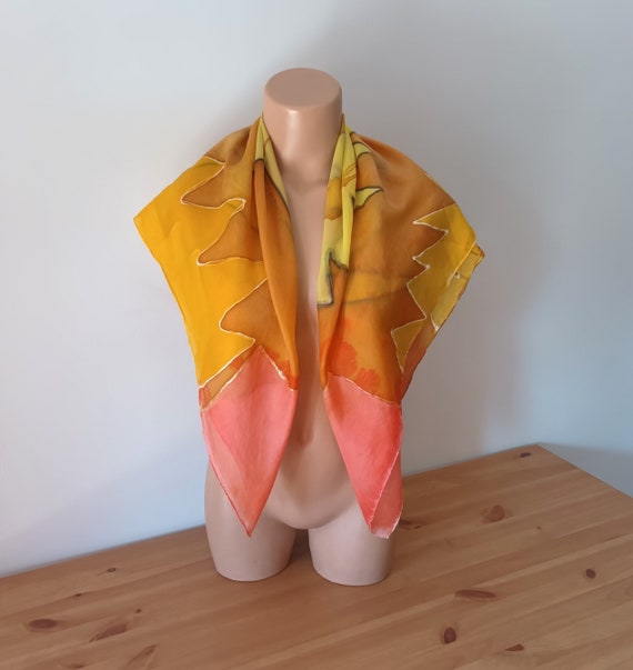 Vintage Hand Dyed Silk Scarf Orange Mustard Yello… - image 6