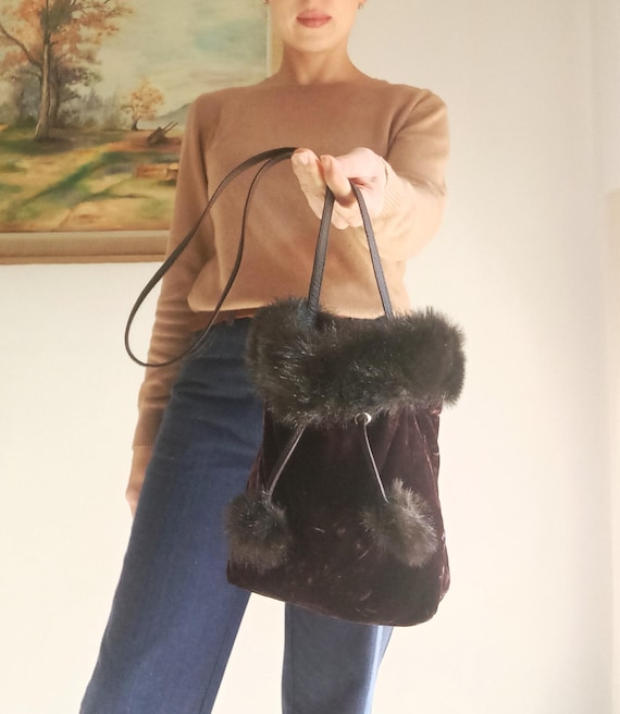 Vintage Womens Brown Velour Bucket Bag Mini Brown Velour  display picture 1