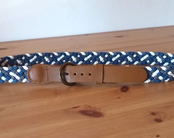 Cinto vintage de lona, couro e algodão com fivela redonda, trançado em tecido azul marinho e branco, ajustável, para uniformes, masculino e feminino.