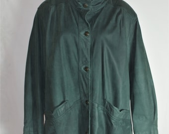 Vintage Womens Green Leather Jacket Size L/44 Green Genuine Leather Coat Buttons Matte Finish Leather Jacket Retro Green Solid Leather Coat