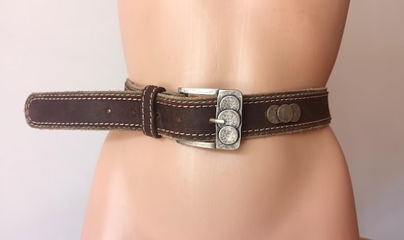 Vintage Women Brown Leather Belt Silver Metal Coins Details 