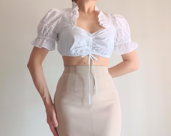 Vintage witte dirndl crop top maat S gezwollen ballon shirt met korte mouwen en ruches katoenen blouse met ruches onderjurk Dirndl boer top