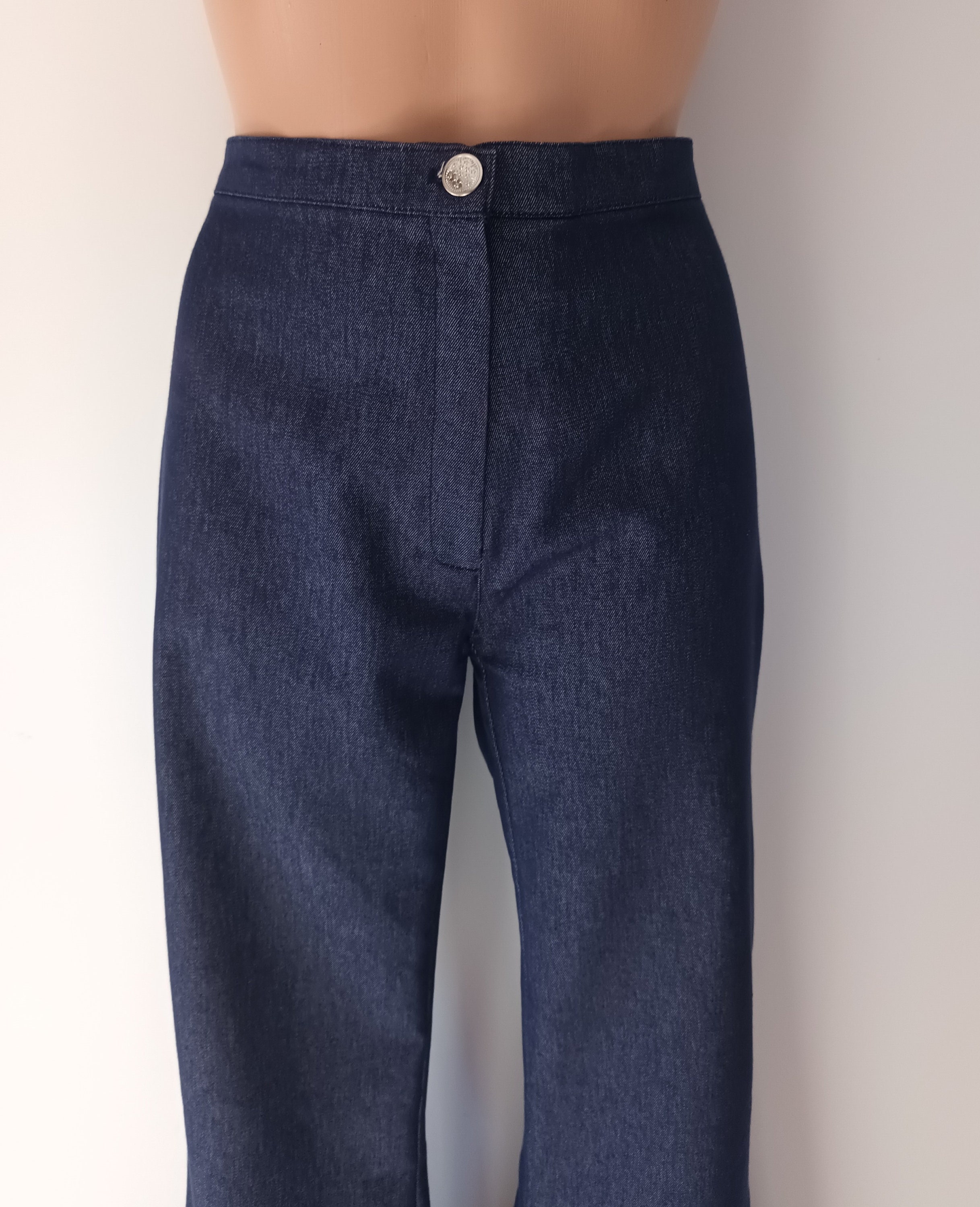 Women Dull Blue Front Darted High Waisted Pants