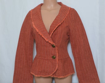 Retro Women Linen Blend Orange Jacket Size S Striped Cinnamon Linen Blazer Flared Long Sleeves Jacket with Fringes Linen Light Jacket