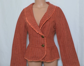 Retro Women Linen Burnt Orange Jacket Size S Striped Cinnamon Linen Blazer Flared Long Sleeves Jacket with Fringes Brick Linen Light Jacket