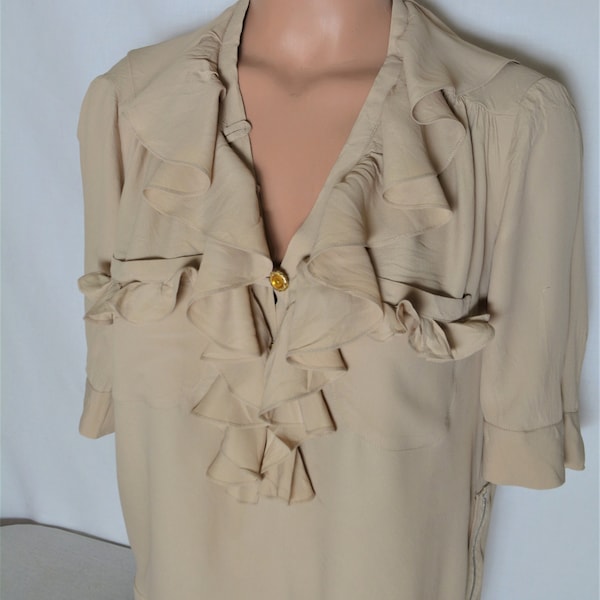 CHLOE Vintage Silk Blend Beige Blouse Size M Ruffle Blouse Made in France Tan Top Short Sleeve Blouse Champagne Ruffle Blouse Buttons