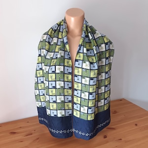 Vintage Women Blue Green Yellow Silk Long Scarf Floral Long Silk Scarf Blue Green Checked Scarf Lightweight Silk Floral Green Neck Scarf