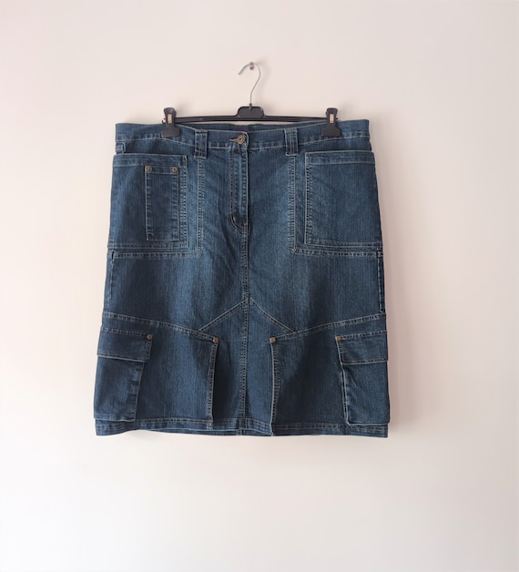 Vintage Women Denim Skirt Size 3XL Cargo Midi Denim Straight Skirt Many Pockets Dark Wash Blue Cotton Jean Skirt Knee Denim Stretchy Skirt Etsy