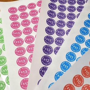May include: Five sheets of white paper with rows of colorful round stickers. The stickers are printed with the words "Mary Nicastro" and a dollar amount. The dollar amounts are $10, $11, $12, $13, and $14.