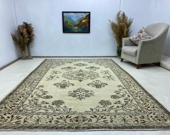 15x23 cm, Vintage Türkischer Wollteppich, Floraler Oushak Teppich Dekor Neutral Wohnzimmer
