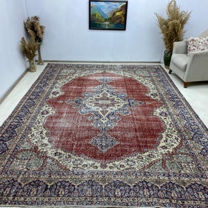8x11 Oversized Rug, Extra Large Rug, Blue Red Rug, Vintage Area Rug, Neutral Medallion Rug, Oushak Large Rug, Living Room Rug, 8.0x11.1 ft