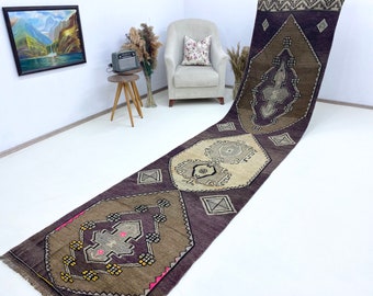 Purple Long Runner Rug 3x13 | Handmade Oushak Runner Rug, Purple Vintage Runner Rug, Turkish Geometric Runner Rug, 2.9x12.9 ft  / 90x394 cm