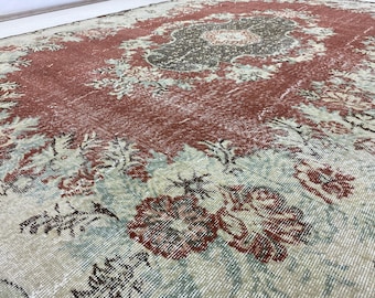 6.7x9.8 ft, Oushak Wool Rug, Vintage Turkish Area Rug, Farmhouse Decor, Living Room Carpet