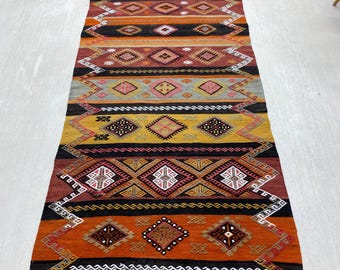 ヴィンテージ トルコ キリム ランナーラグ、手織りウール、カラフルな