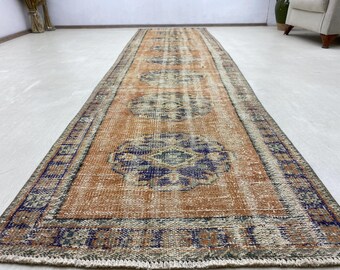 Long Oushak Runner Rug 3x10, Turkish Orange Blue  Wool Hallway Runner 2.5x10.2 ft