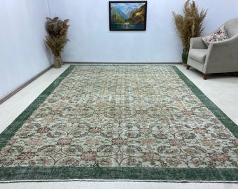7.3x10.5 ft, Large Vintage Oushak Rug, Floral Colorful Area Rug, Green Pink Turkish Carpet