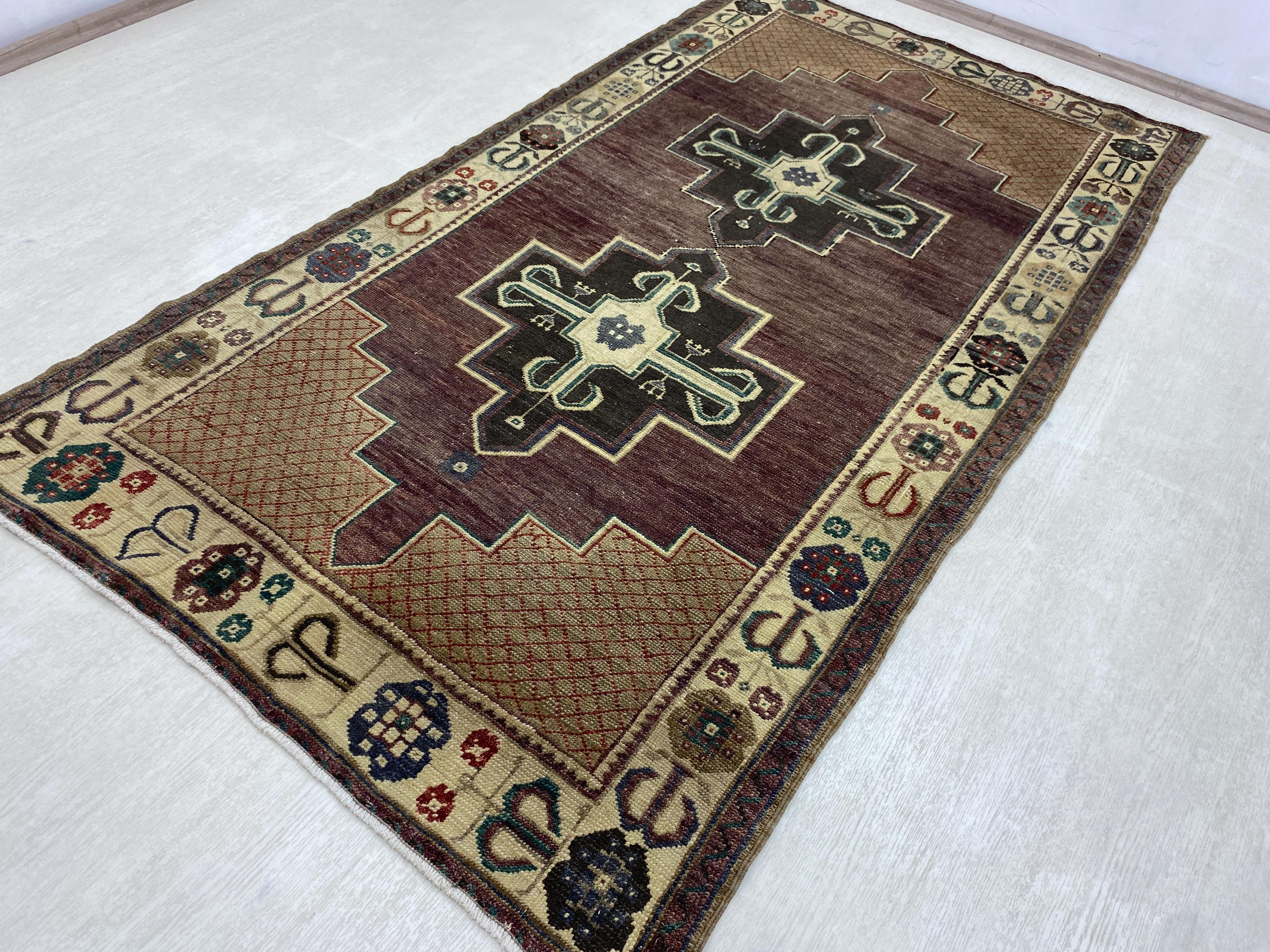 116x207 Ft, Vintage Turkish Rug, Anatolian Brown Carpet, Geometric