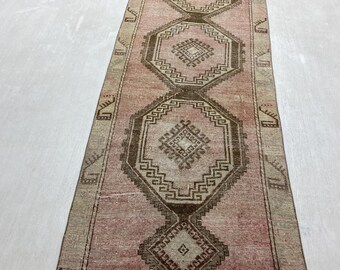 1,2x4,3 m lång, vintage Oushak löparmatta, ljusröd turkisk ullmatta, geometrisk entrédekor