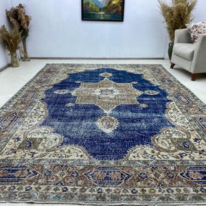 Blue Vintage Rug 7x10, Turkish Area Rug, Turkish Bohemian Rug, Oushak Area Rug Blue Anatolian Rug, Authentic Rug, Farmhouse Rug, 6.5x9.9ft