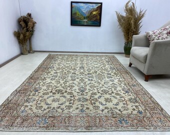 Vintage Oushak Teppich 160x250, Beige und Grüner Teppich für die Küche oder das Wohnzimmer