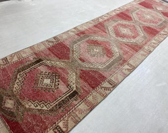 1,2x4,3 m, Vintage ljusröd turkisk löparmatta, Oushak ullmatta för hallen, lång entrédekor