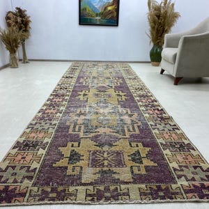 Large Runner Rug 4x12, Vintage Muted Runner Rug, Pale Purple Runner Rug, Turkish Runner, Oushak Kitchen Rug, Handmade Wool Rug, 3.6x11.9 ft
