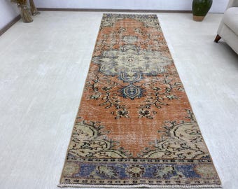 2.7x8.6 ft, Handmade Oushak Wool Runner Rug, Orange Blue Distressed Vintage, Hallway Runner