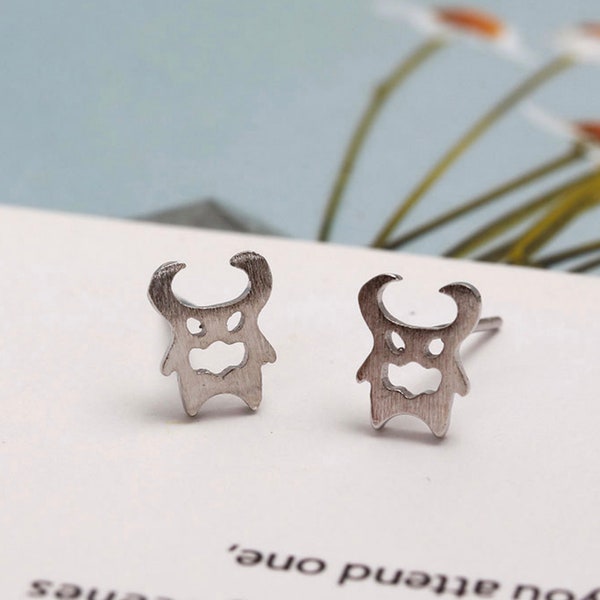 Cute 925 Sterling Silver Earring Studs, Minimalist Earrings, little monster shape earrings, Unique halloween small earring Studs