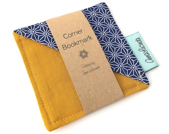 Corner bookmark, Page marker, Fabric bookmark, Blue geometric, mustard