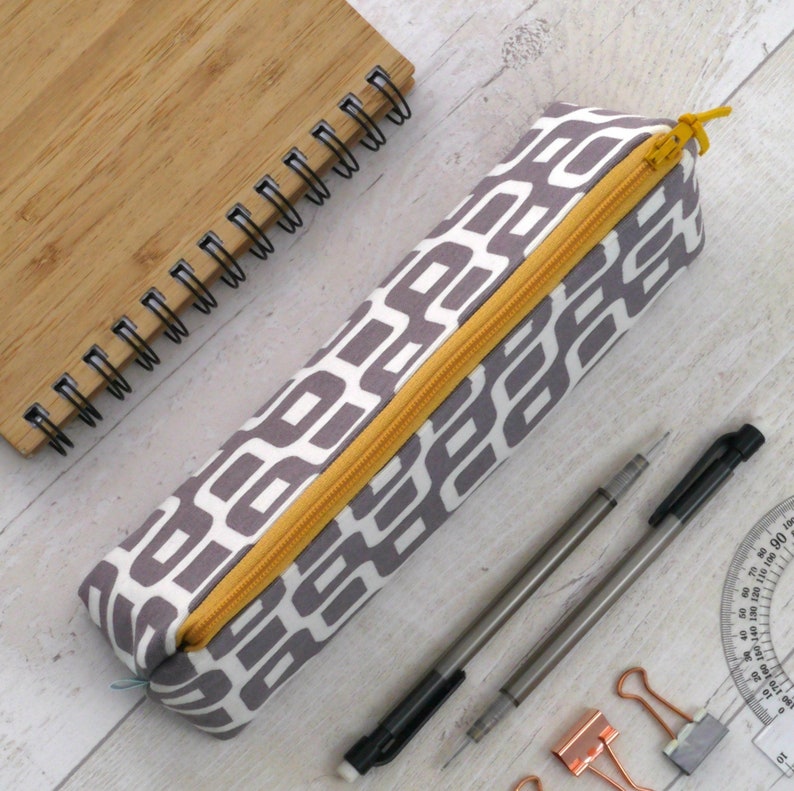 Grey Pencil case for women Geometric zip bag lined with mustard polka dot fabric Makeup bag Storage pouch Gift for her Teacher gift