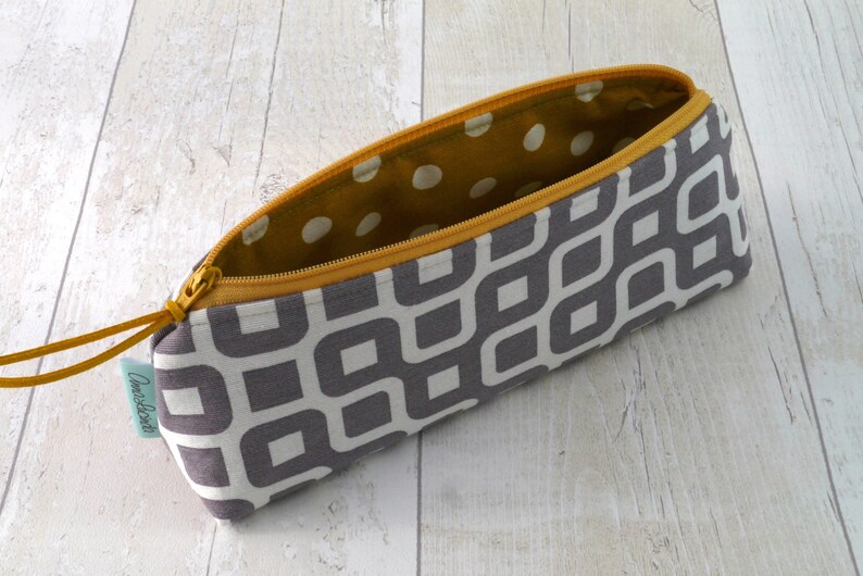 Grey Pencil case for women Geometric zip bag lined with mustard polka dot fabric Makeup bag Storage pouch Gift for her Teacher gift