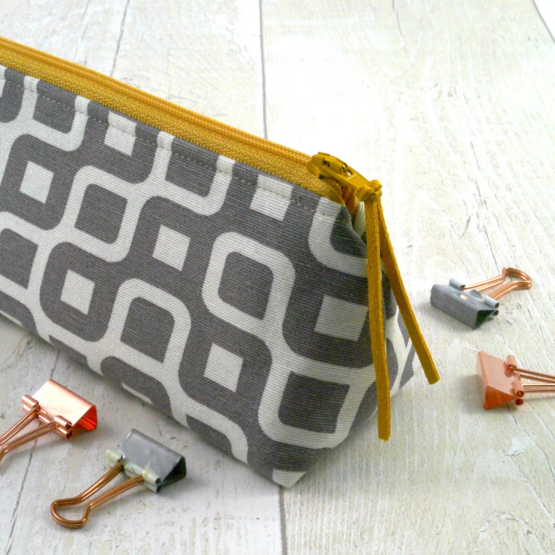 Grey Pencil case for women Geometric zip bag lined with mustard polka dot fabric Makeup bag Storage pouch Gift for her Teacher gift
